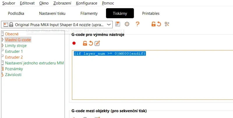 G-code pro výměnu nástroje